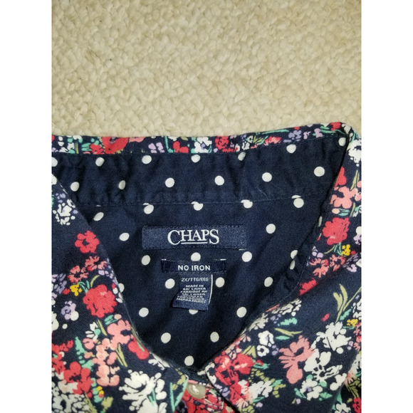 Womens Top-CHAPS-RALPH LAUREN-navy/pink floral "No Iron" button-up 3/4 slv-2X - Picture 4 of 4